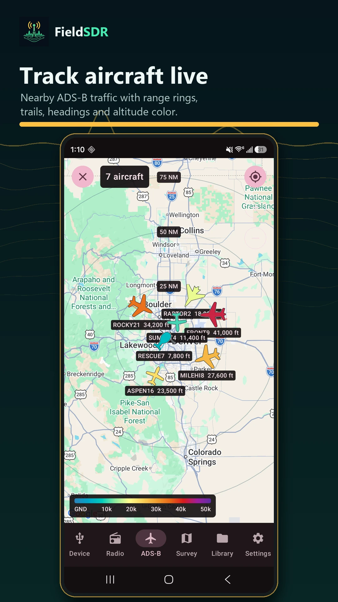 FieldSDR promotional screenshot showing aircraft on a map with altitude colors and tracks