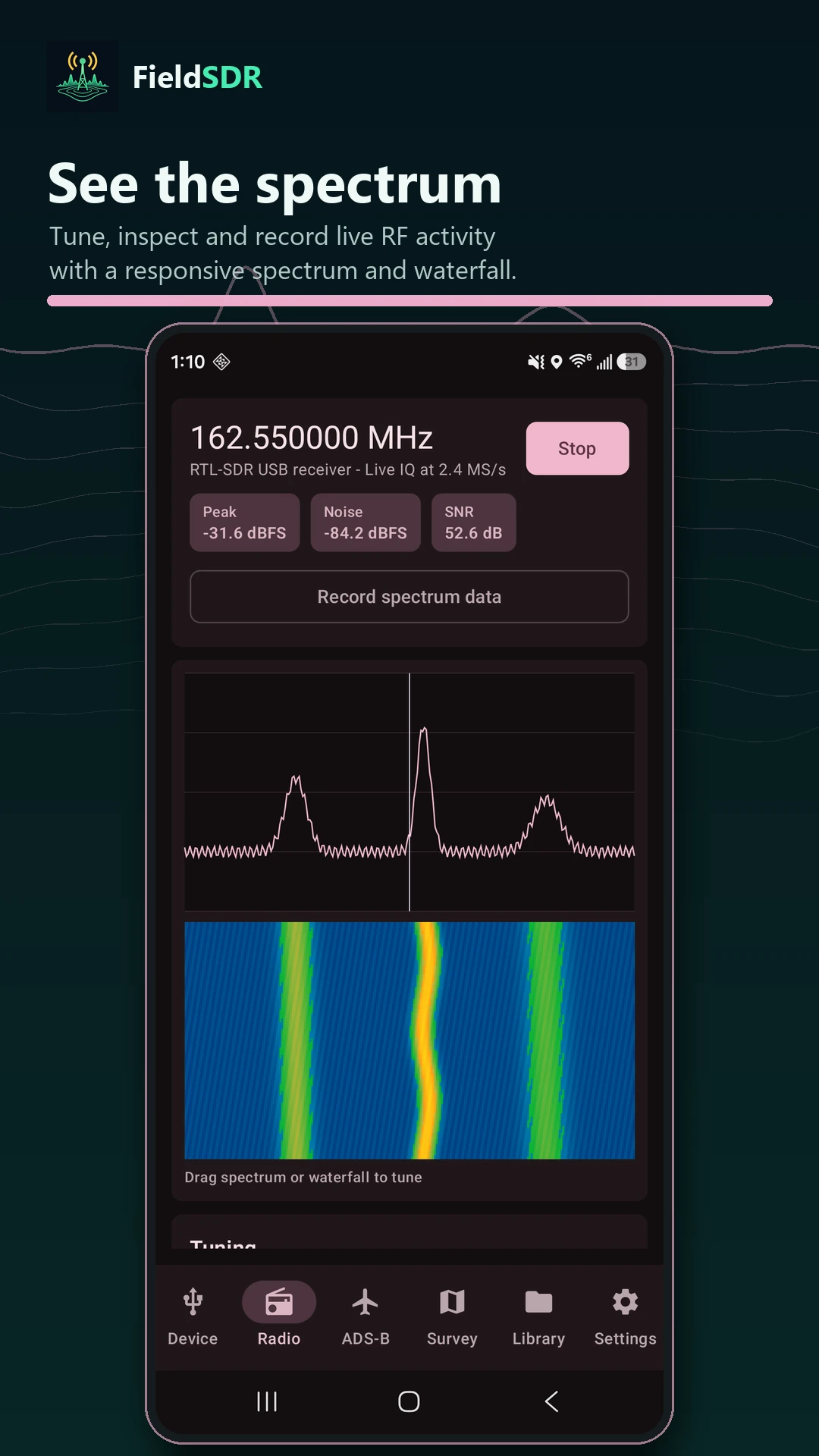 FieldSDR promotional screenshot showing live RF spectrum and waterfall