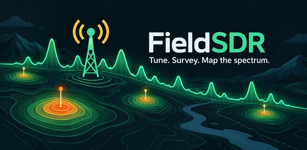 FieldSDR radio tower over a landscape of spectrum traces and signal heatmaps